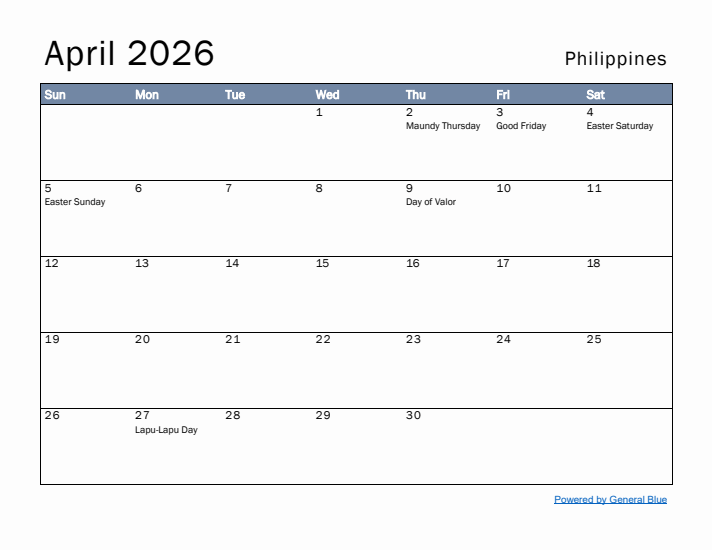 April 2026 Monthly Calendar With Philippines Holidays