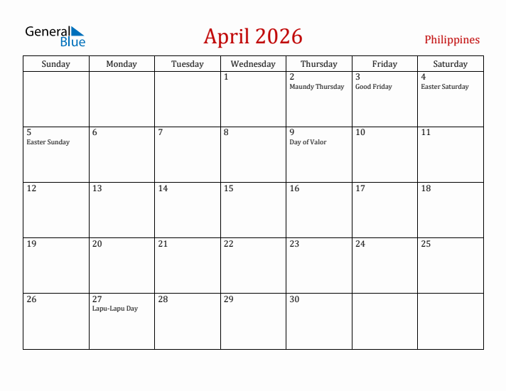 April 2026 Philippines Monthly Calendar With Holidays