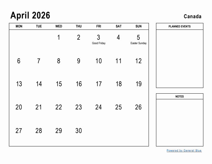 April 2026 Planner With Canada Holidays