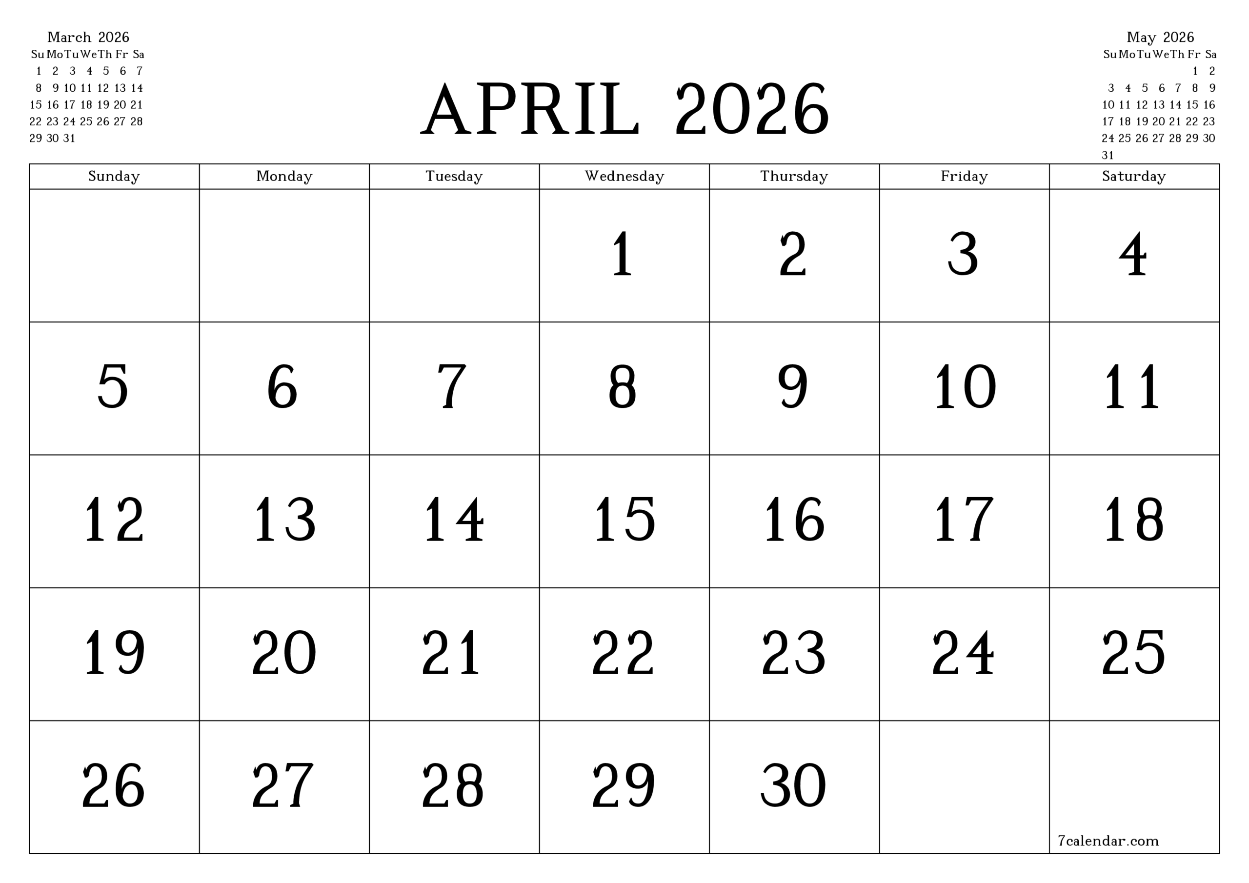 Free Printable April 2026 Calendar Word