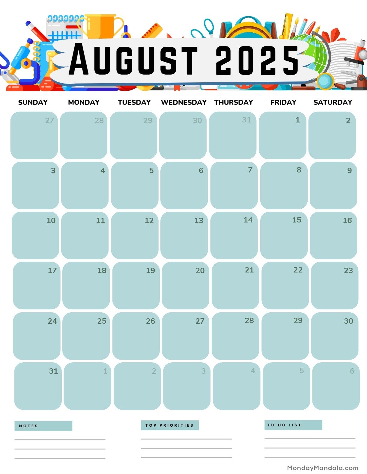 August 2025 Calendar Printable Portrait