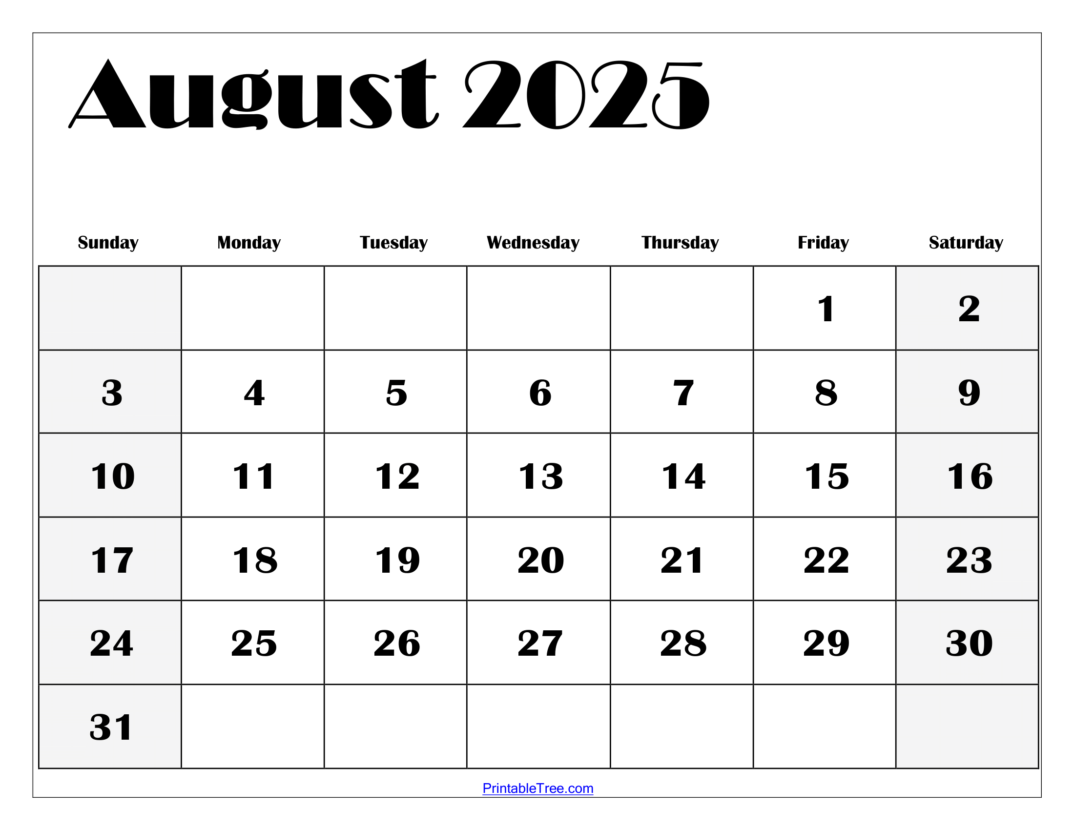 Free Printable Blank Calendar August 2025