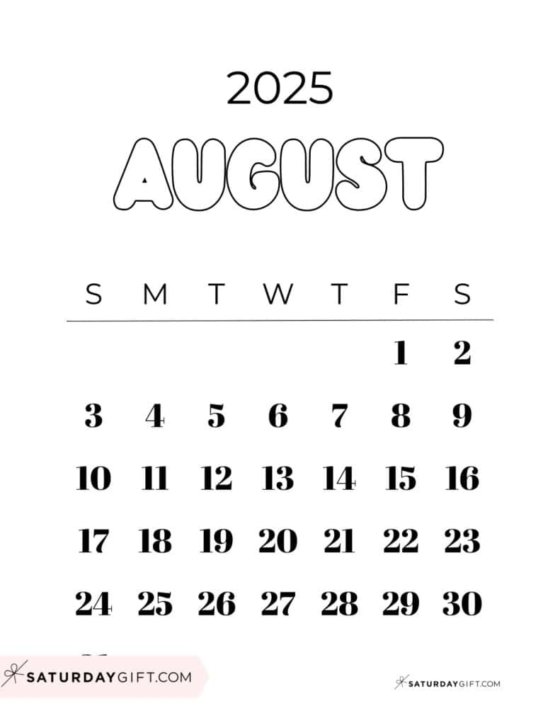 August Calendar 2025 Printable Cute