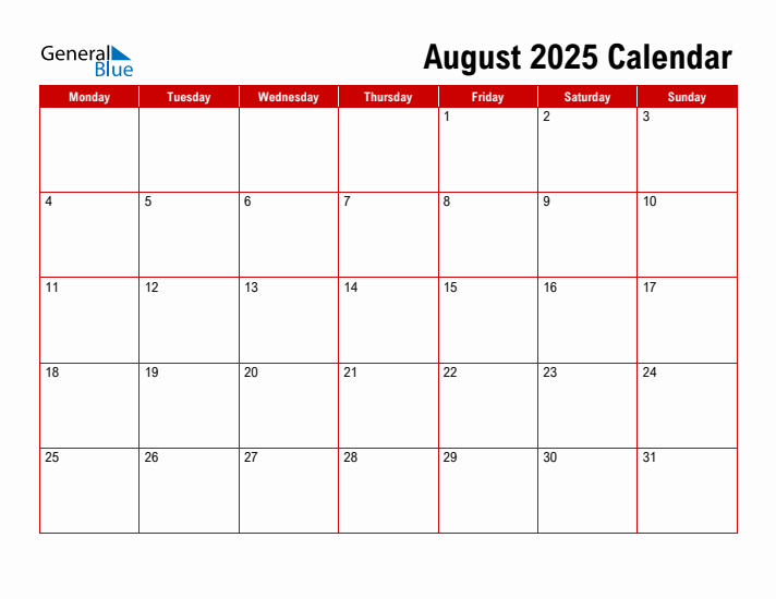 August 2025 Weekly Calendar Printable