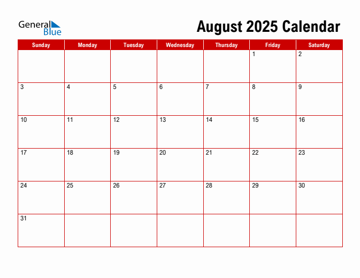 August 2025 Monthly Calendar PDF Word Excel 