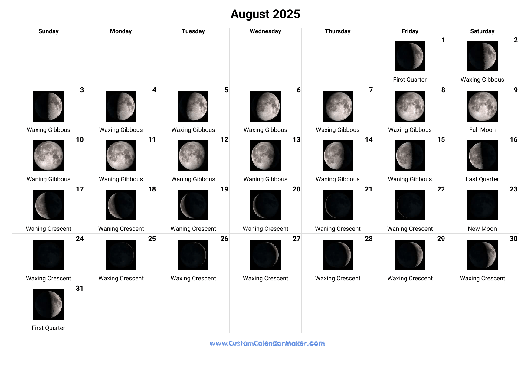 August 2025 Moon Calendar