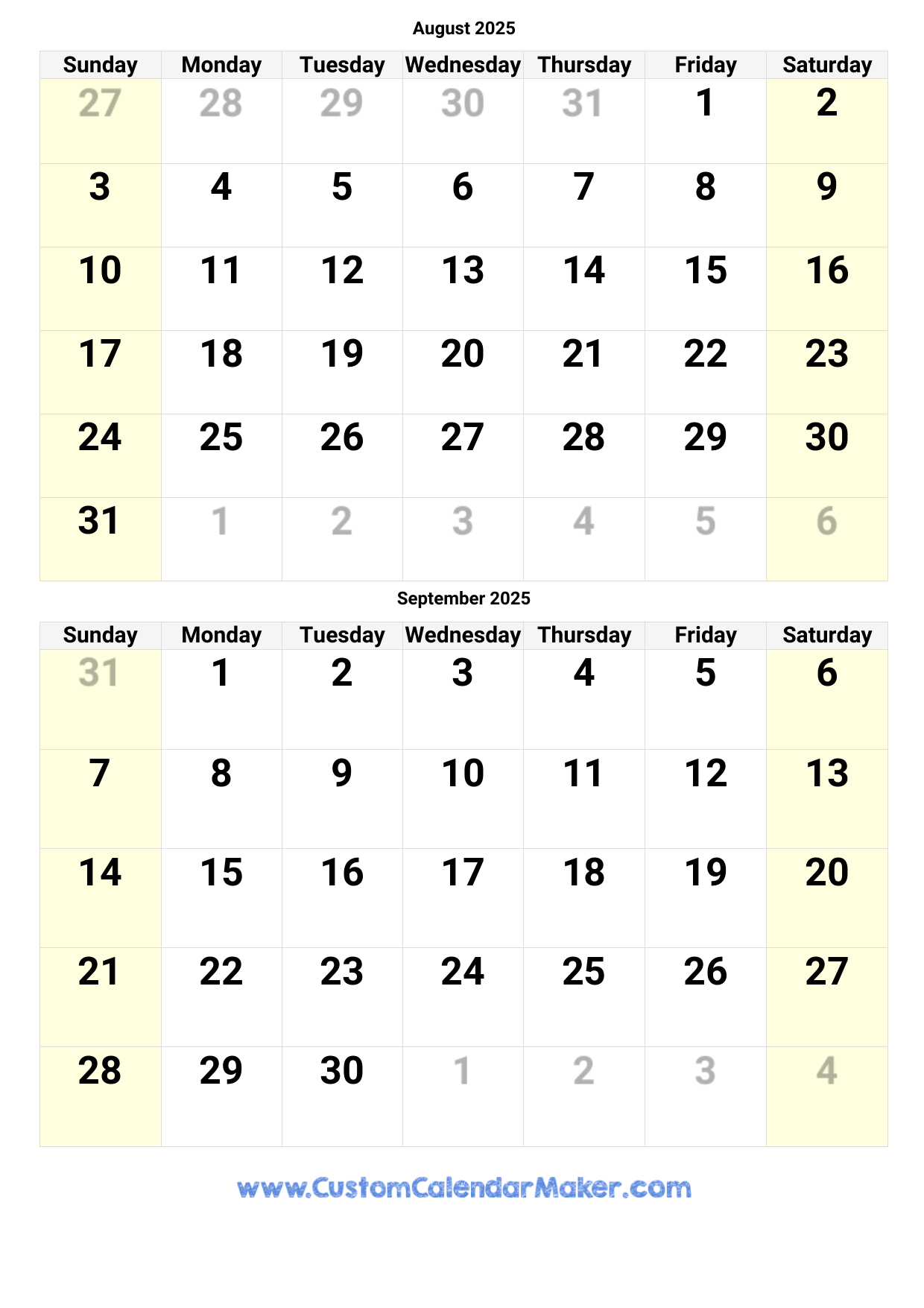 August September 2025 Calendar