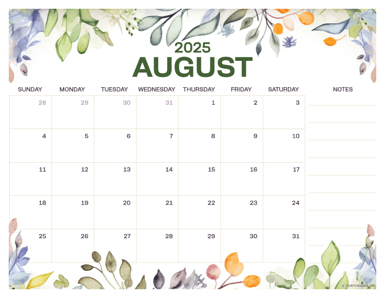 Free Printable August 2025 Floral Calendar With Holidays