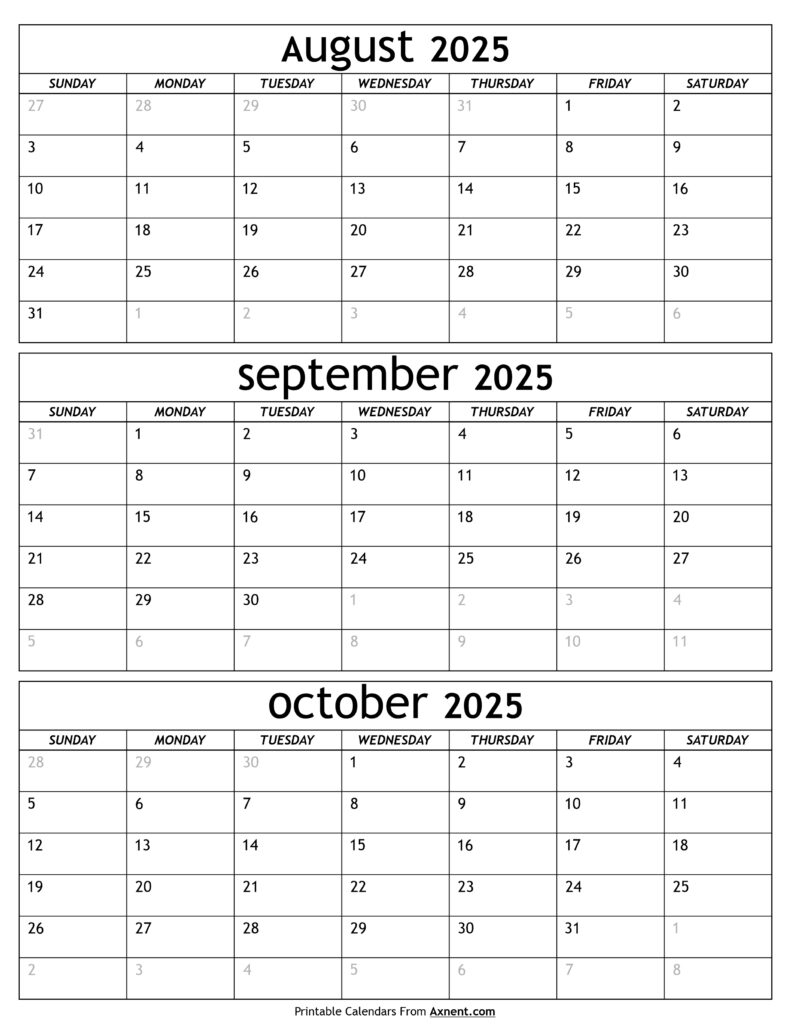 August To October 2025 Calendar Templates Three Months