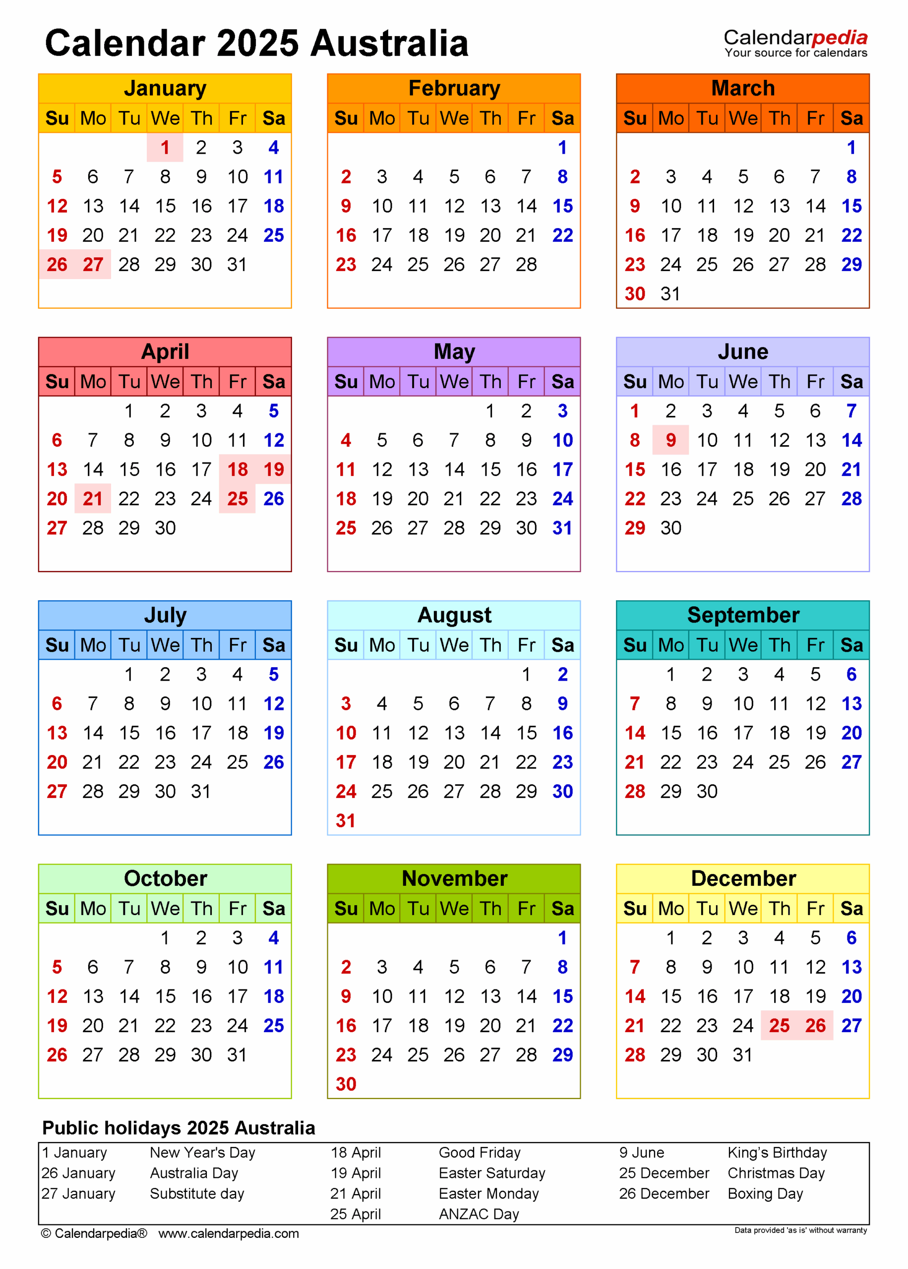 Australia Calendar 2025 Free Printable PDF Templates