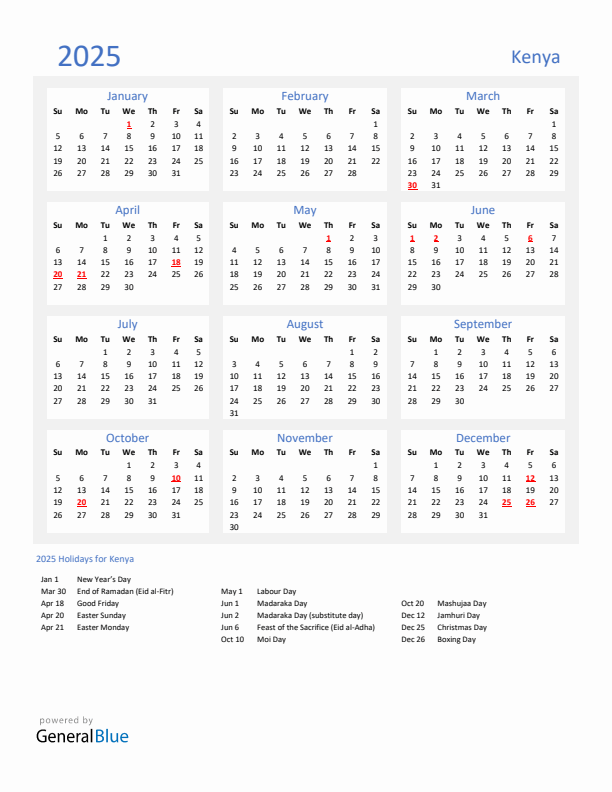Free Printable 2025 Calendar With Holidays Kenya