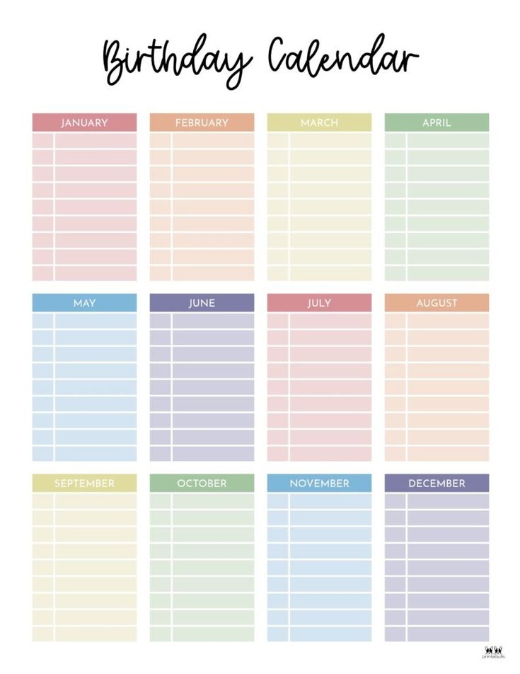 Birthday Calendar 2025 Free Printable