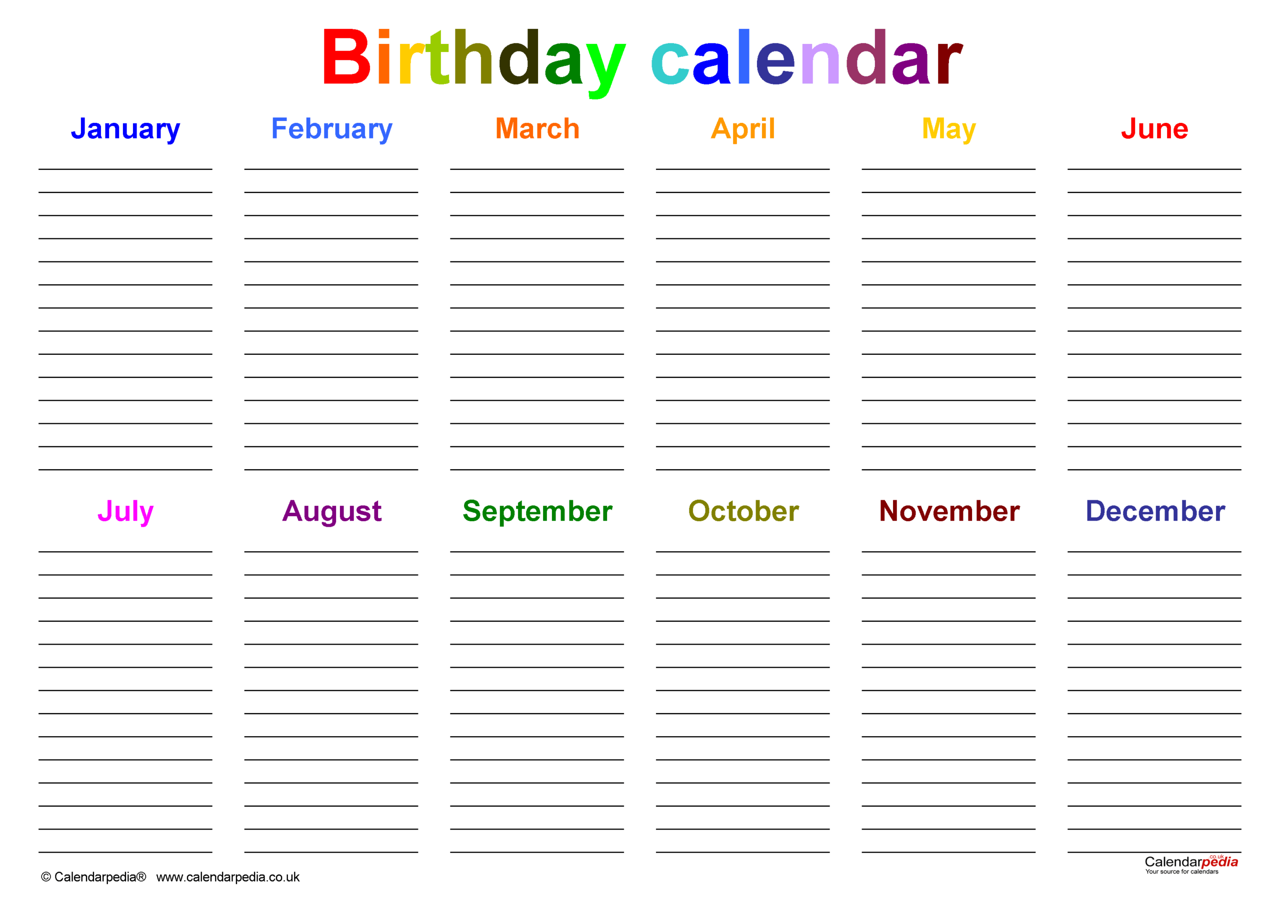 Free Printable Birthday Calendar Template 2025