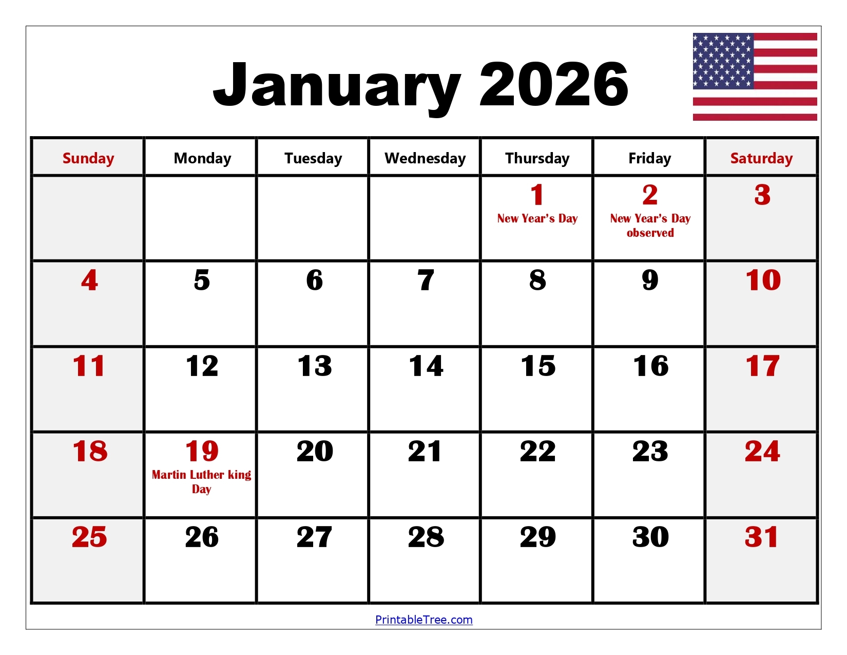 Free Printable 2026 Calendar January