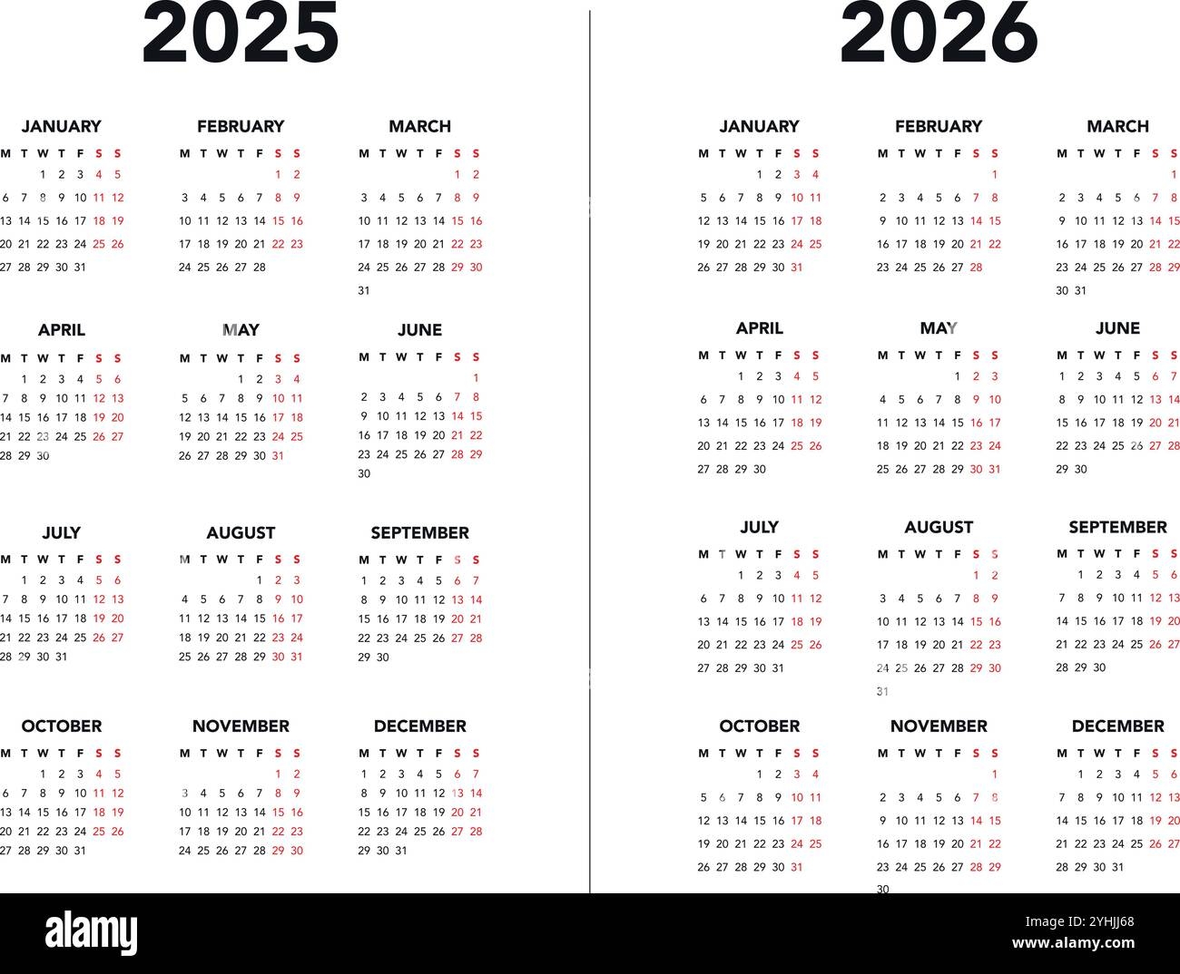Calendar 2025 And 2026 Vector Templates Start Monday Simple Design 