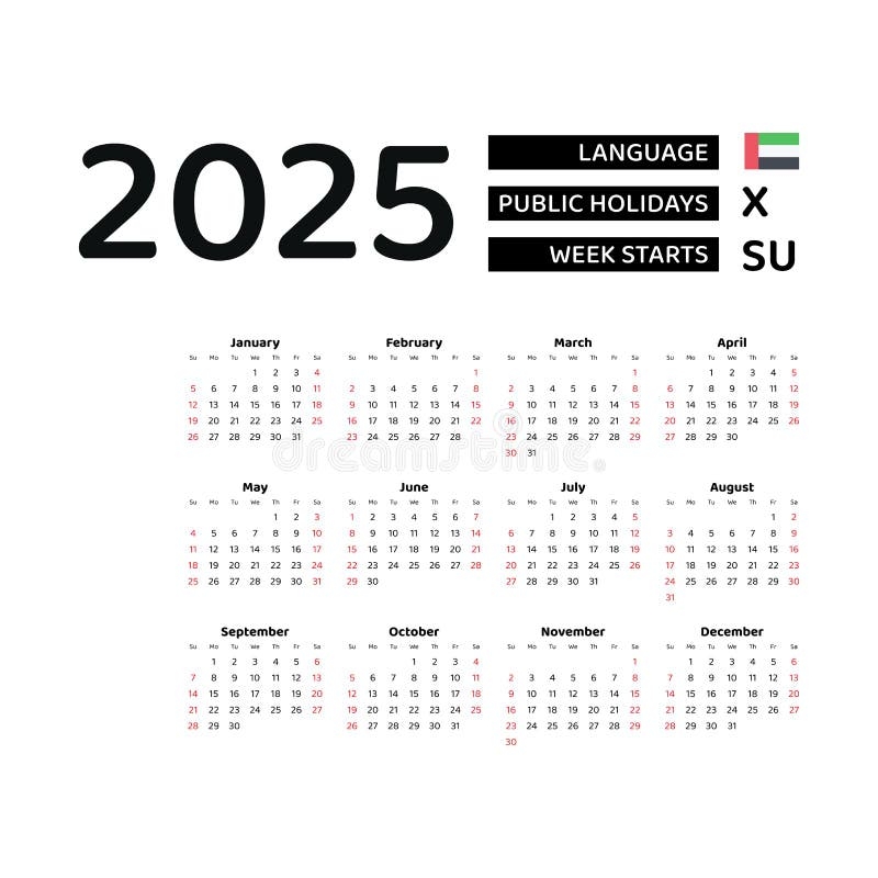 Calendar 2025 English Language With United Arab Emirates Public Holidays Stock Vector Illustration Of Basic Business 267633564
