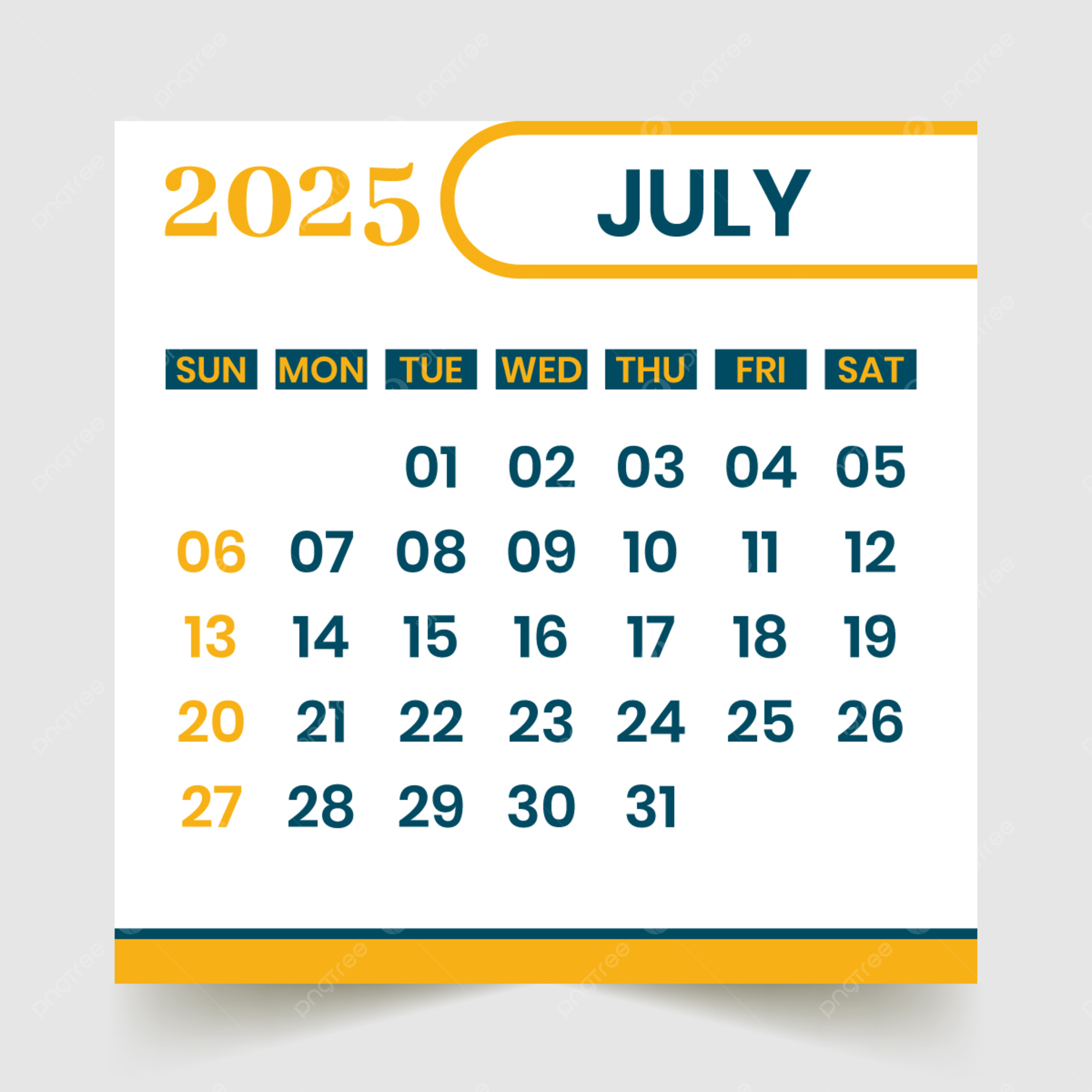 Calendar 2025 Month Of July Vector Template Download On Pngtree