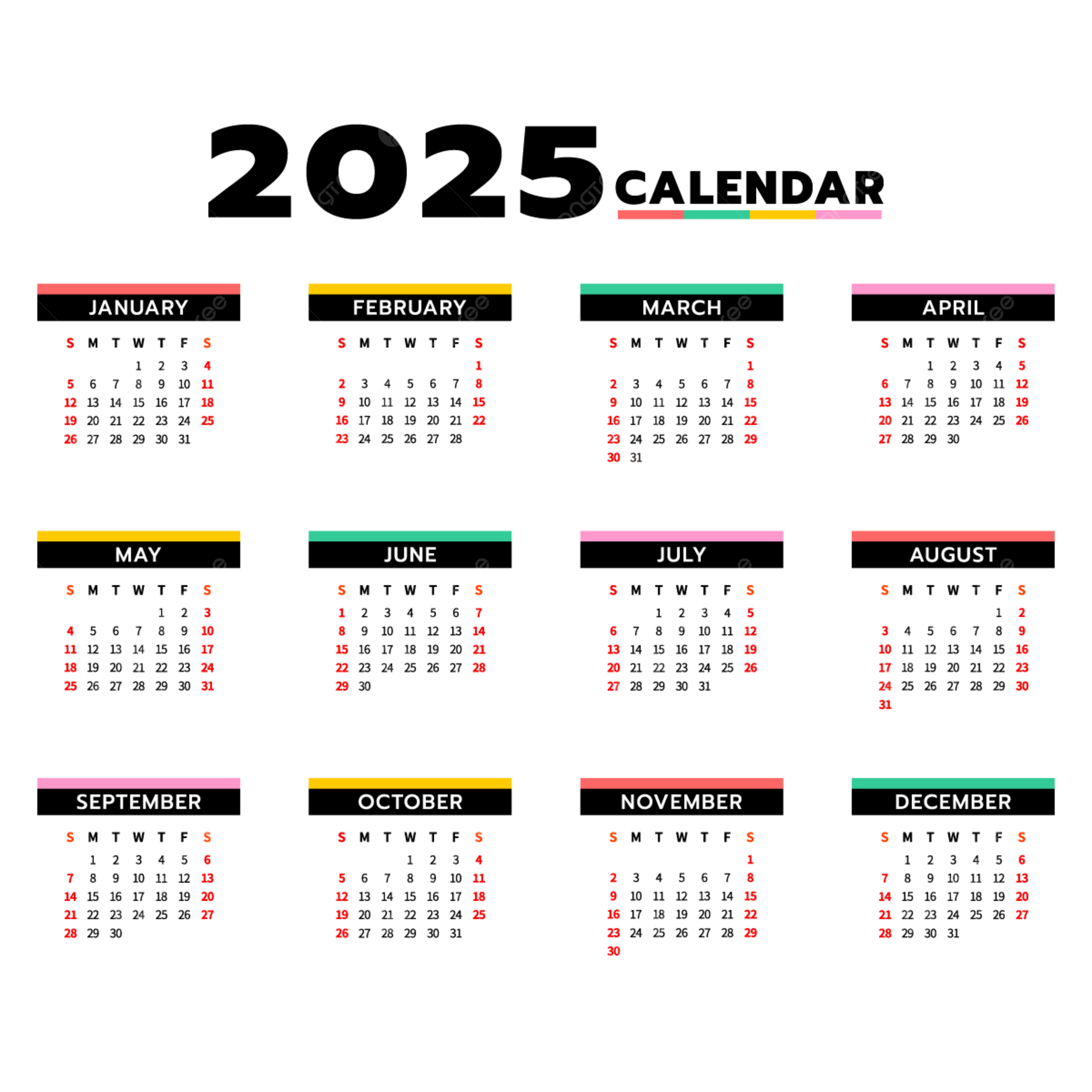 Calendar 2025 New Year Colorful Annual Calendar Template Vector Calendar 2025 2025 Calendar PNG And Vector With Transparent Background For Free Download
