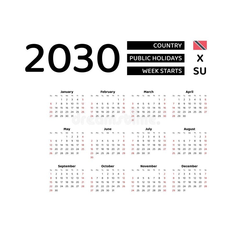 Calendar 2030 English Language With Trinidad And Tobago Public Holidays Week Starts From Sunday Stock Vector Illustration Of 2025 August 330891965