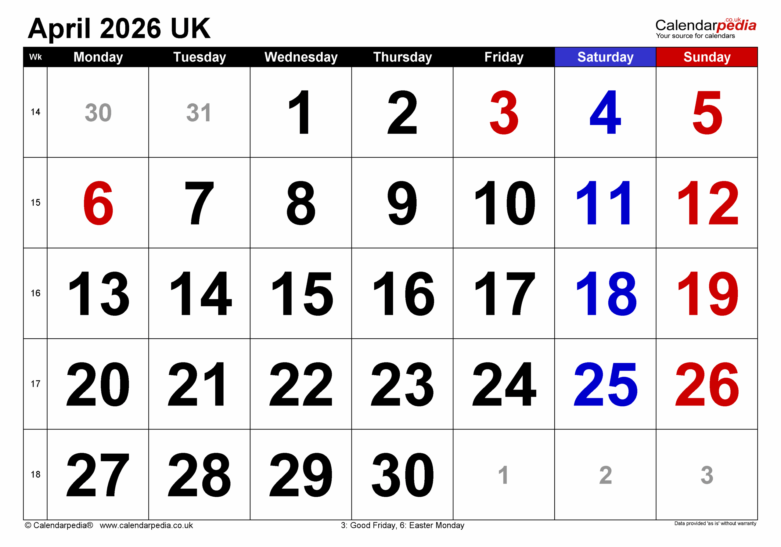 2026 Printable Calendar One Page April