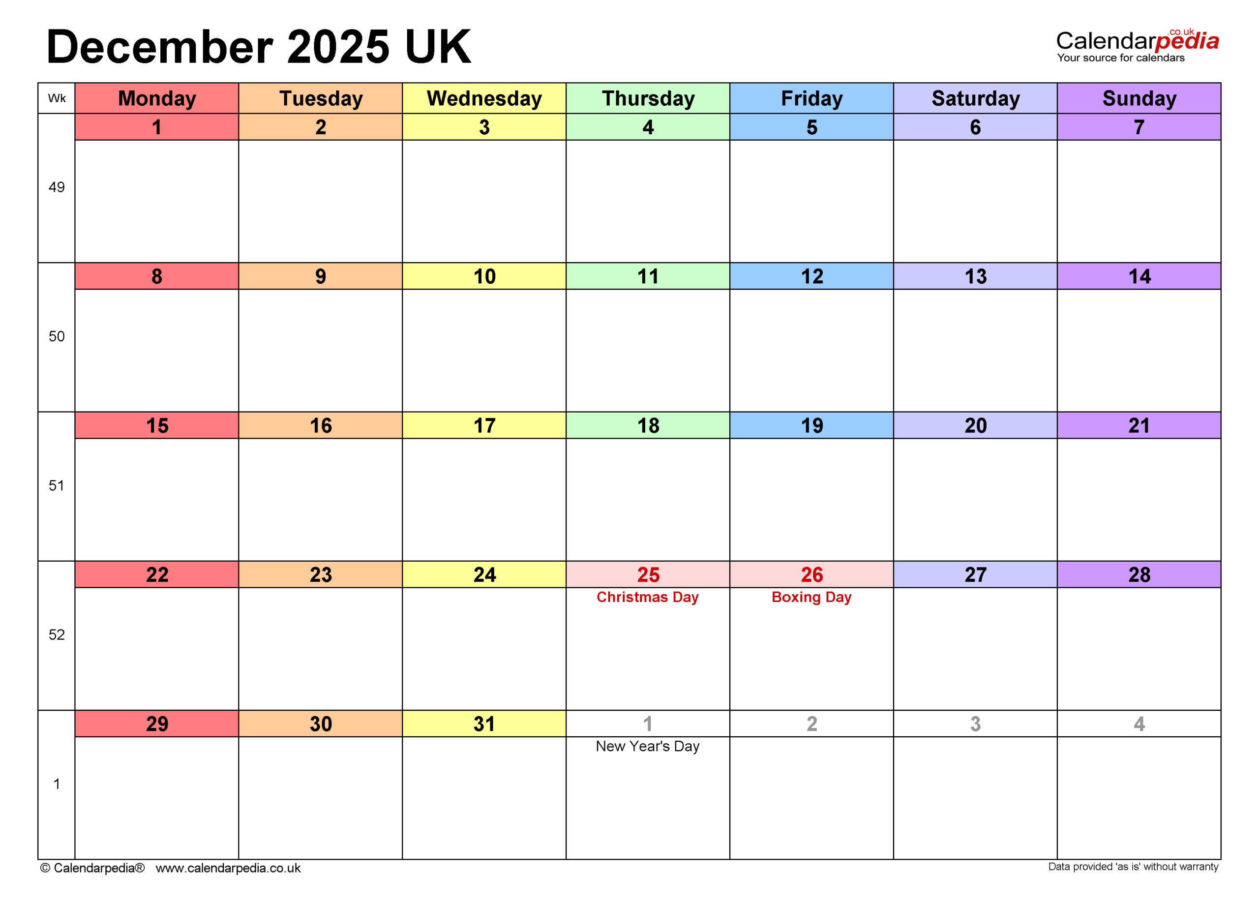 Calendar December 2025 Printable Uk