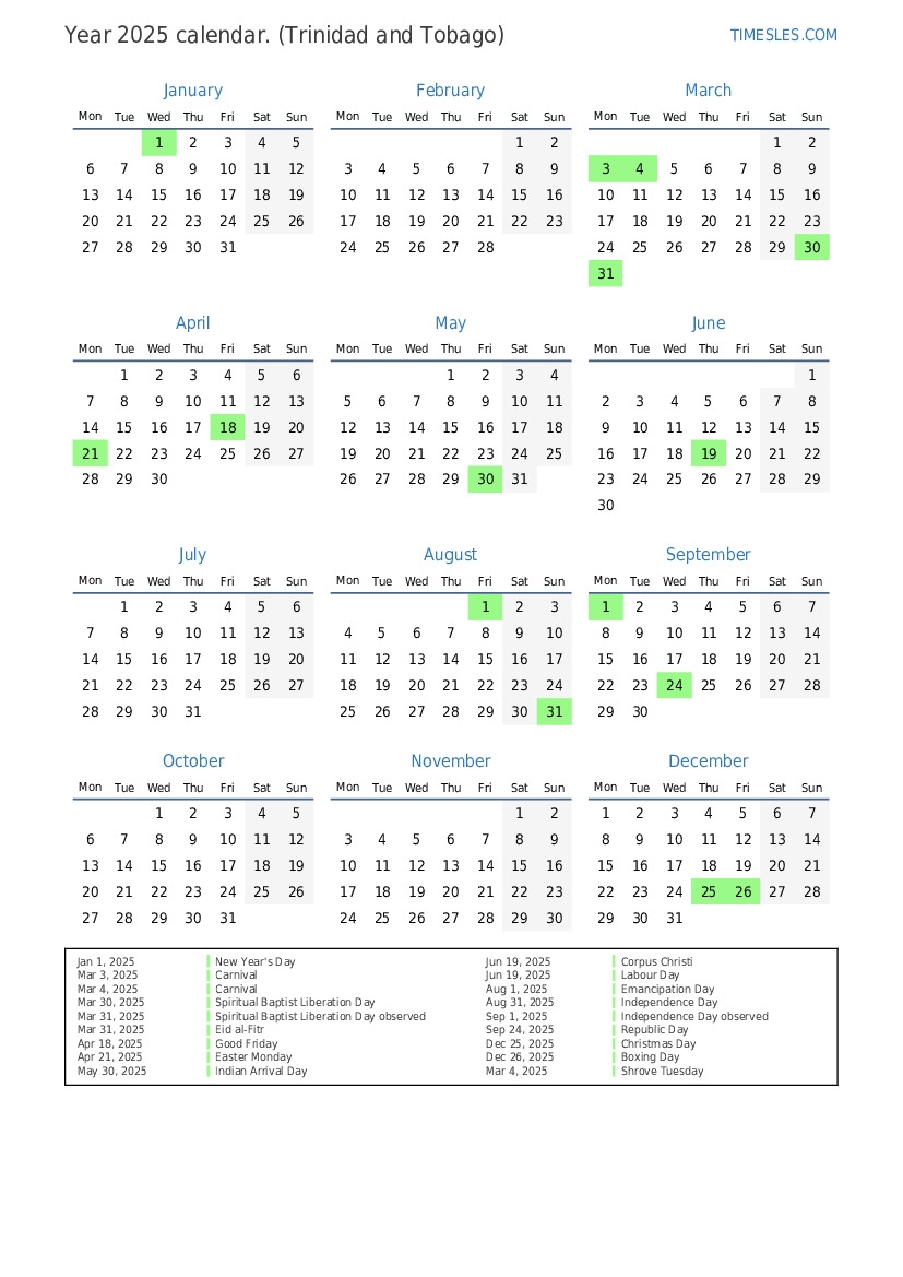 Calendar For 2025 With Holidays In Trinidad And Tobago Print And Download Calendar