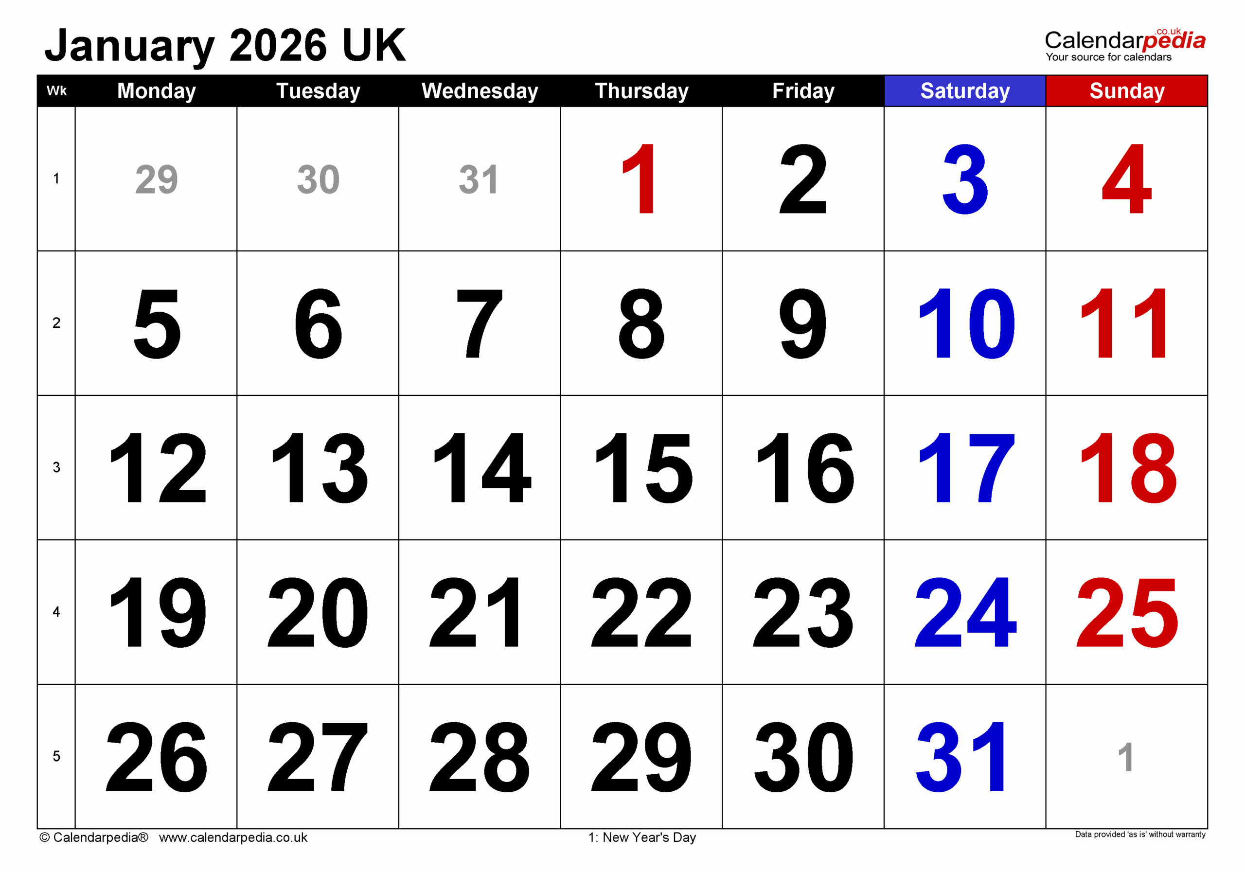 2026 January Printable Calendar