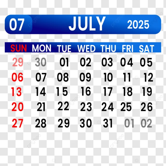 Calendar July 2025 Calendar July 2025 PNG Transparent Clipart Image And PSD File For Free Download