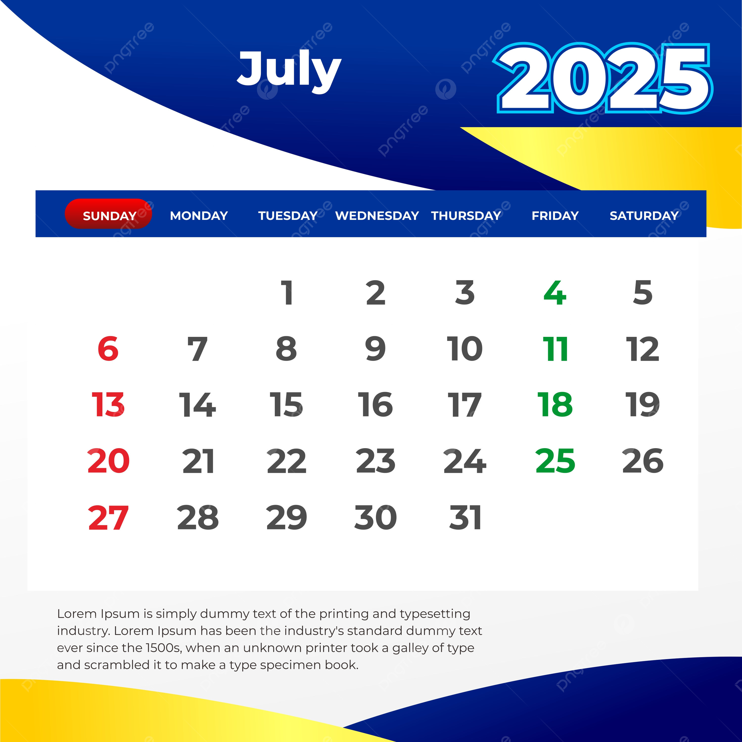Calendar July 2025 Vector Template Download On Pngtree