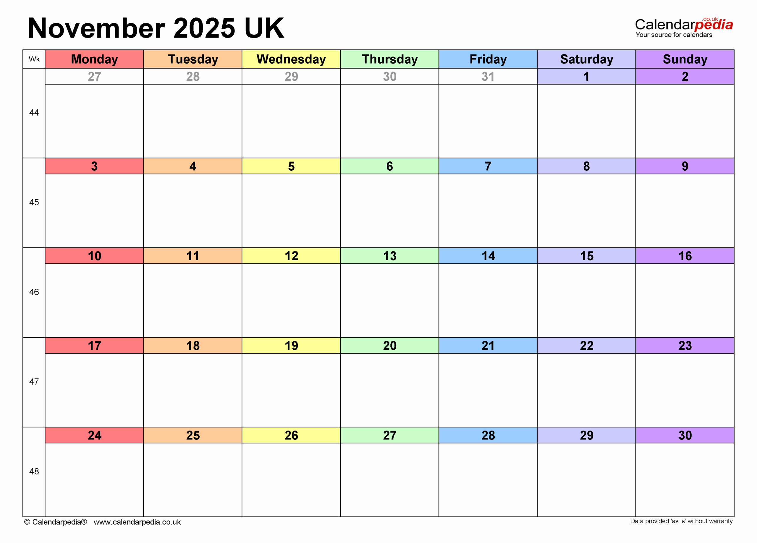 Calendar November 2025 UK With PDF Excel And Word Templates