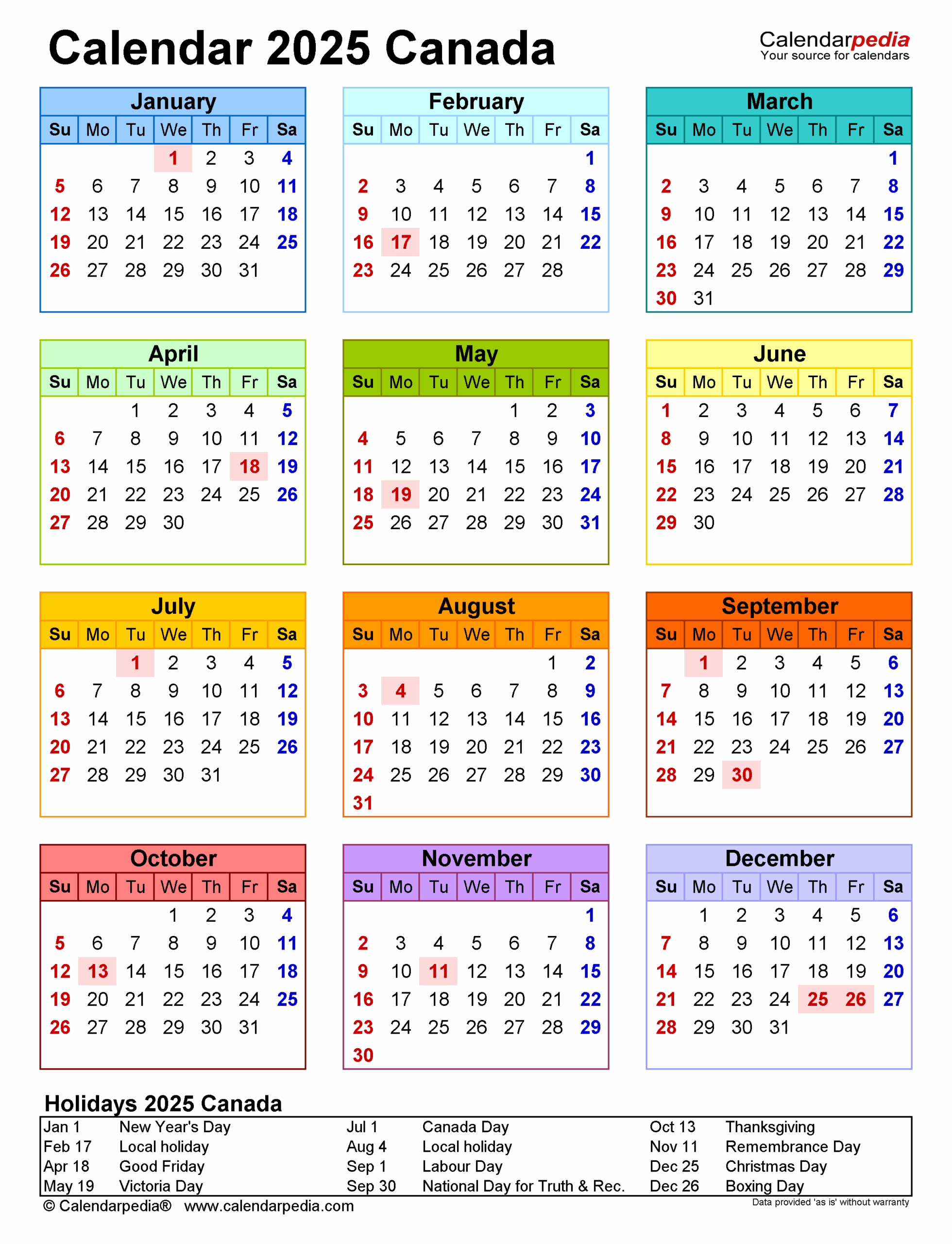 Free Printable 2025 Yearly Calendar With Canadian Holidays