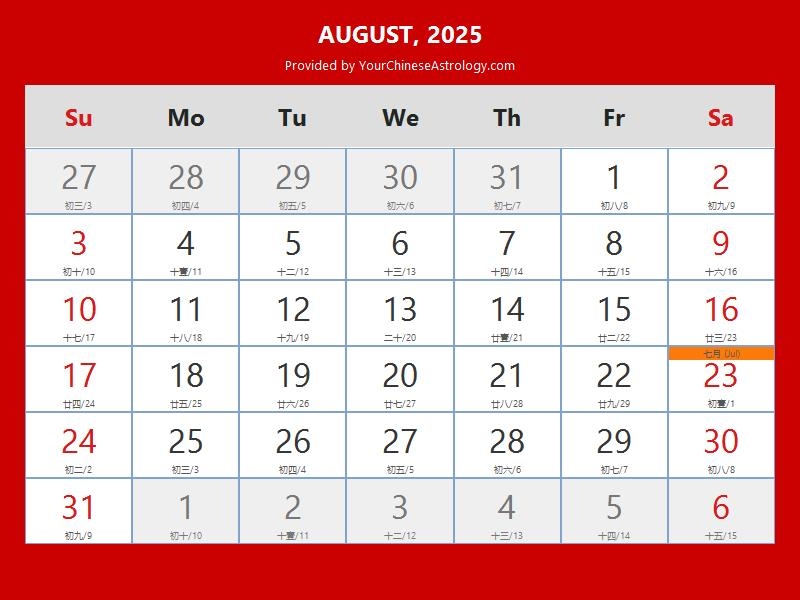August Lunar Calendar 2025