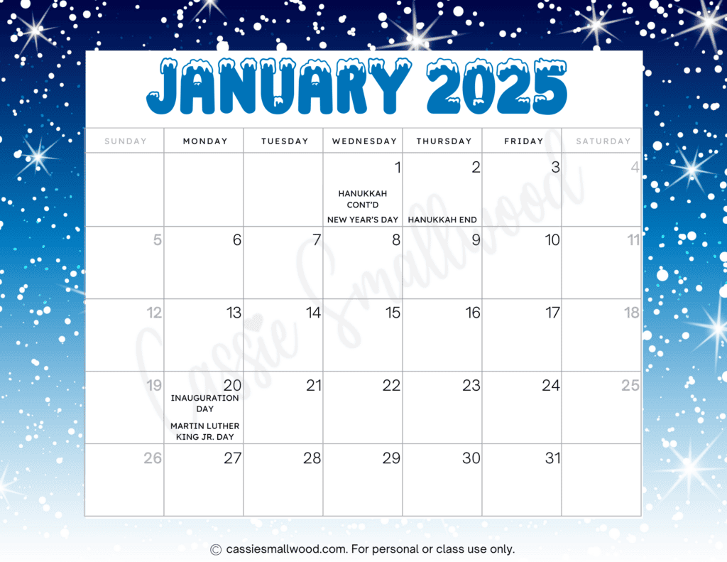 Free Printable Calendar 2025 By Month With Holidays