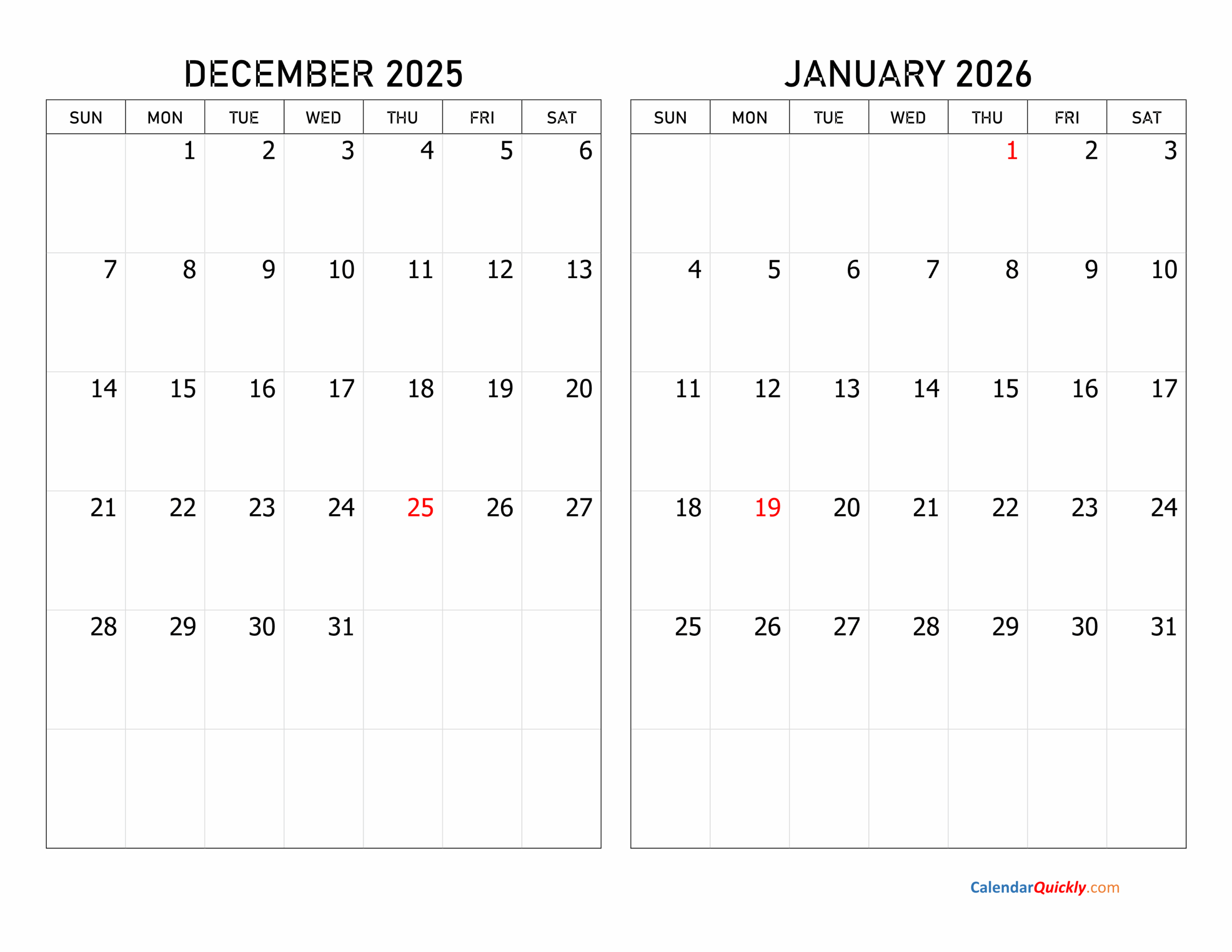 Free Printable Calendar December 2025 January 2026