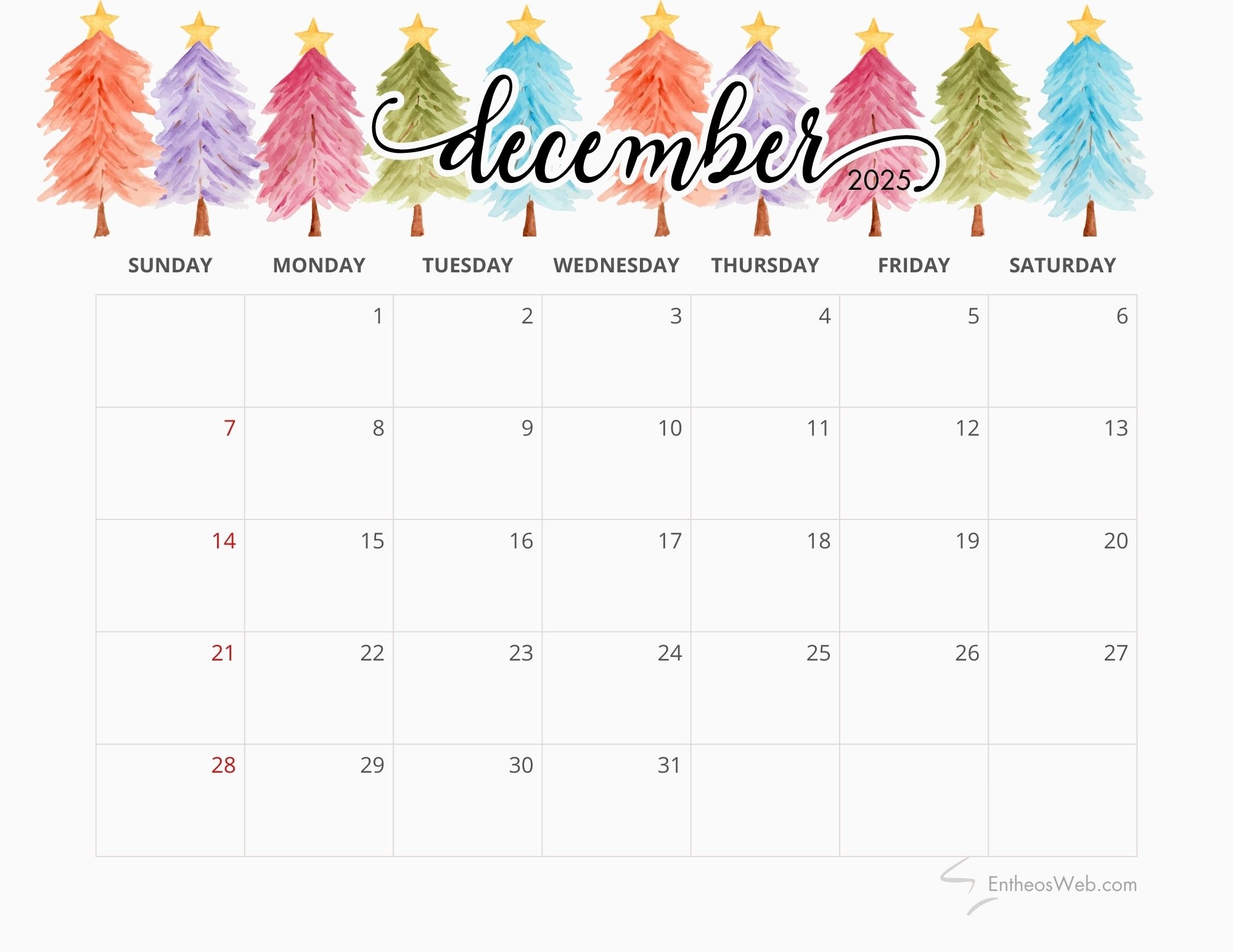 Christmas Style Printable December 2025 Calendar Large Print