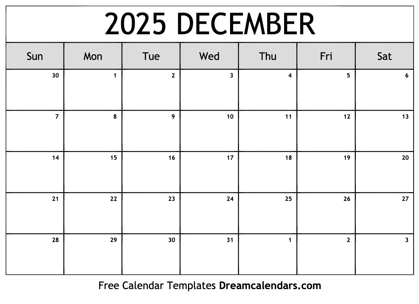 Large Printable Calendar December 2025