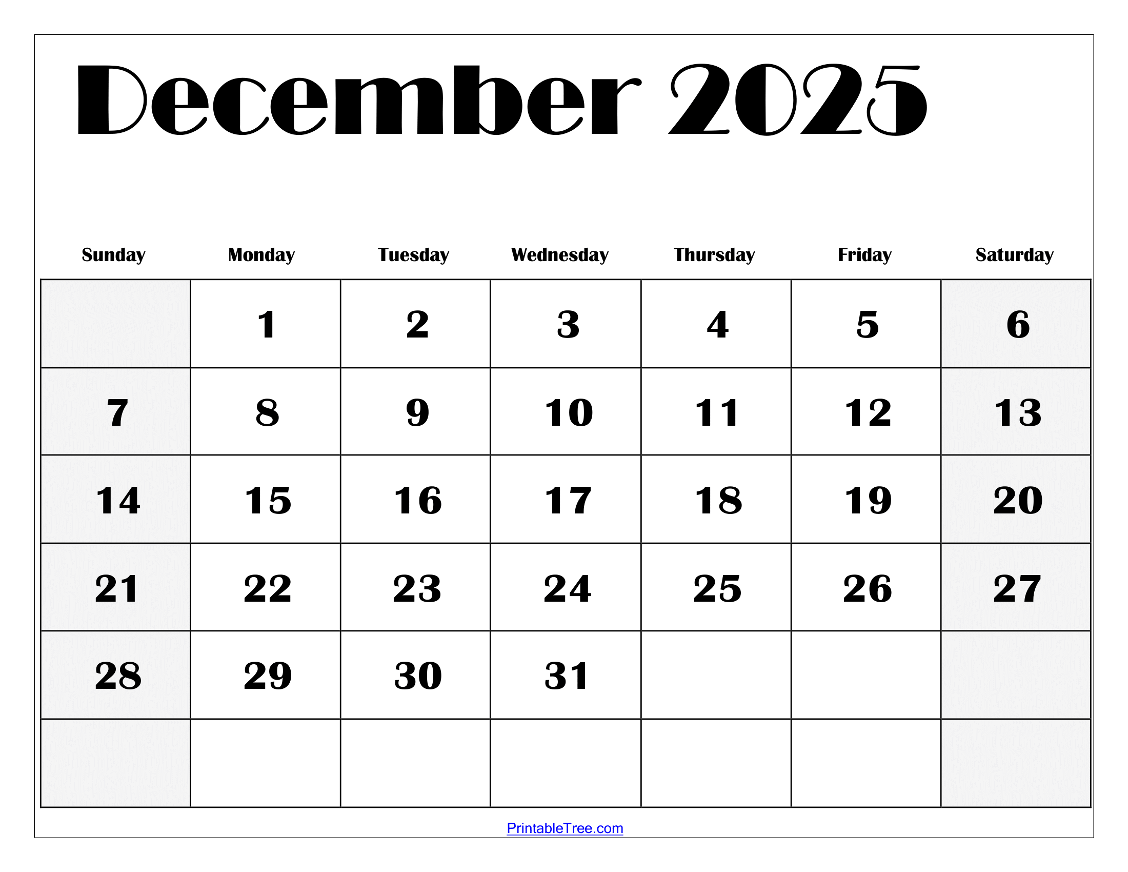 Blank Printable December 2025 Calendar