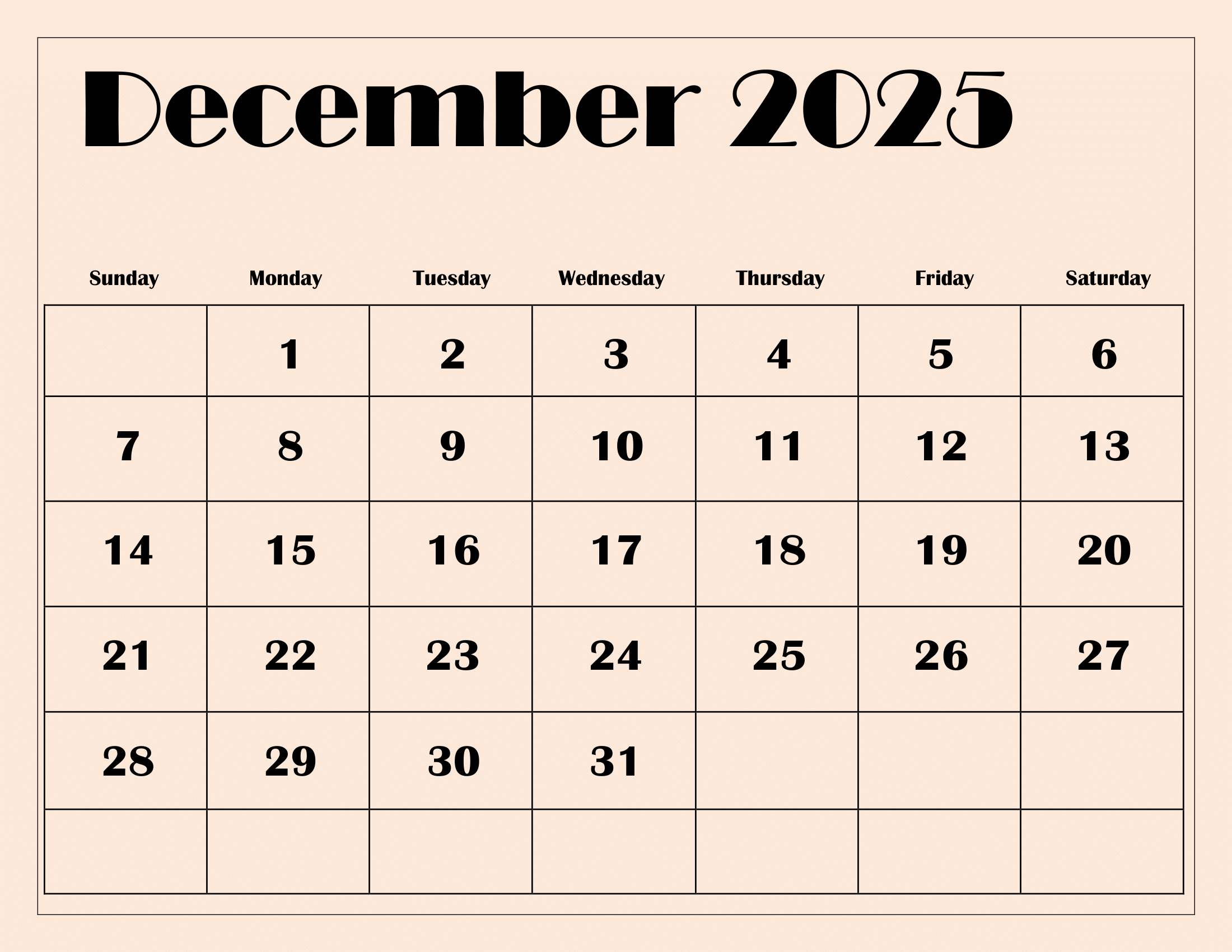 A4 Printable Calendar December 2025
