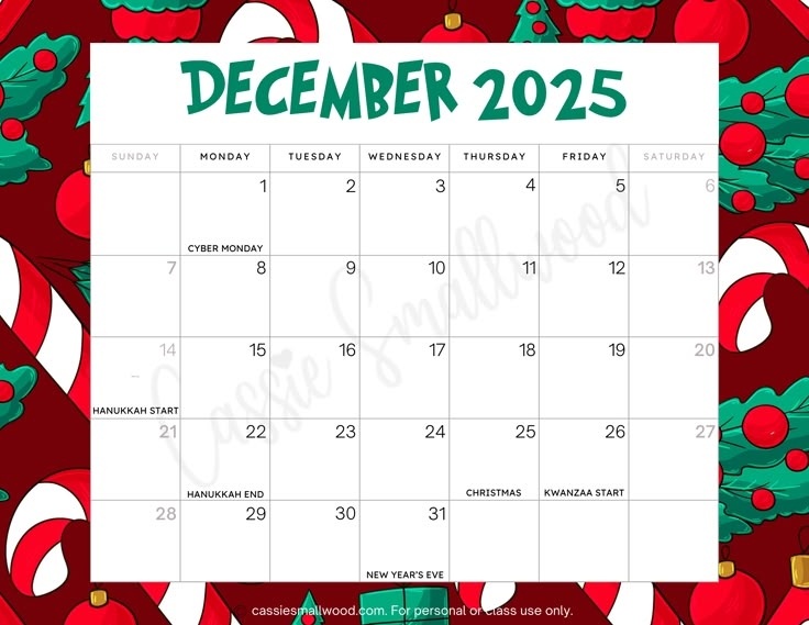 December 2025 Calendar With Holidays Free Printable