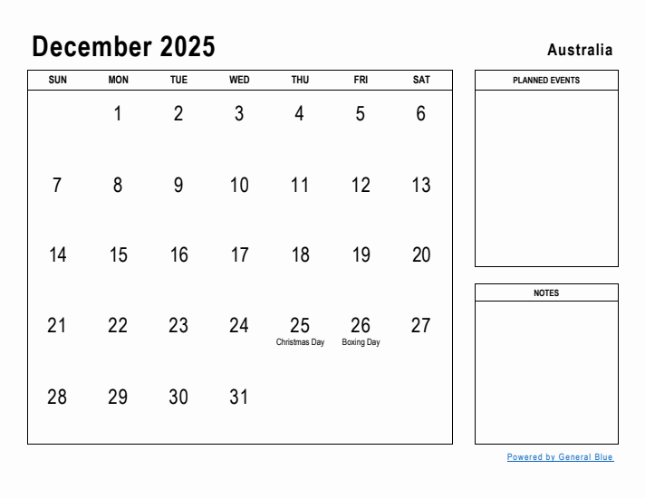 December 2025 Monthly Calendar With Australia Holidays
