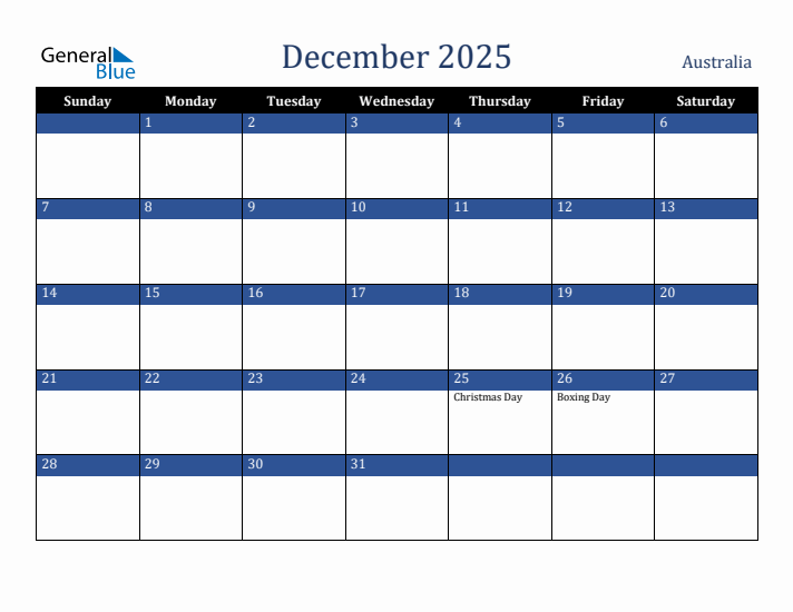 December 2025 Monthly Calendar With Australia Holidays