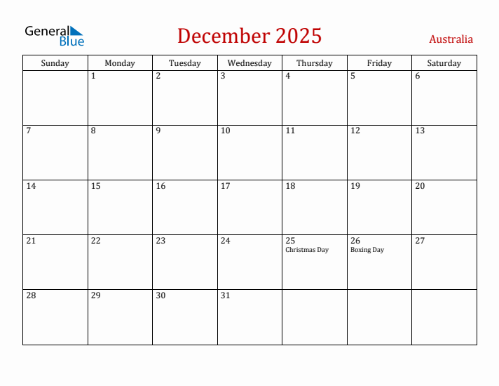 December 2025 Monthly Calendar With Australia Holidays