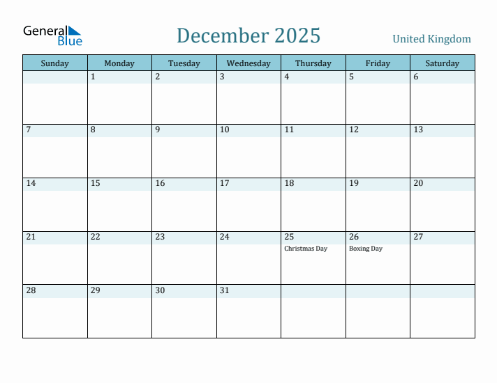 December 2025 Monthly Calendar With United Kingdom Holidays