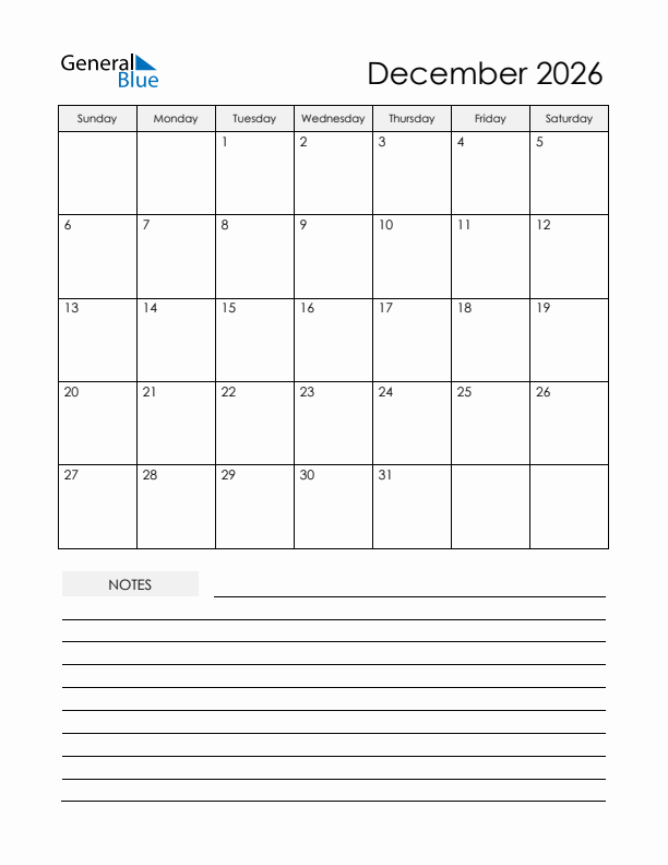 December 2026 Monthly Calendar PDF Word Excel 