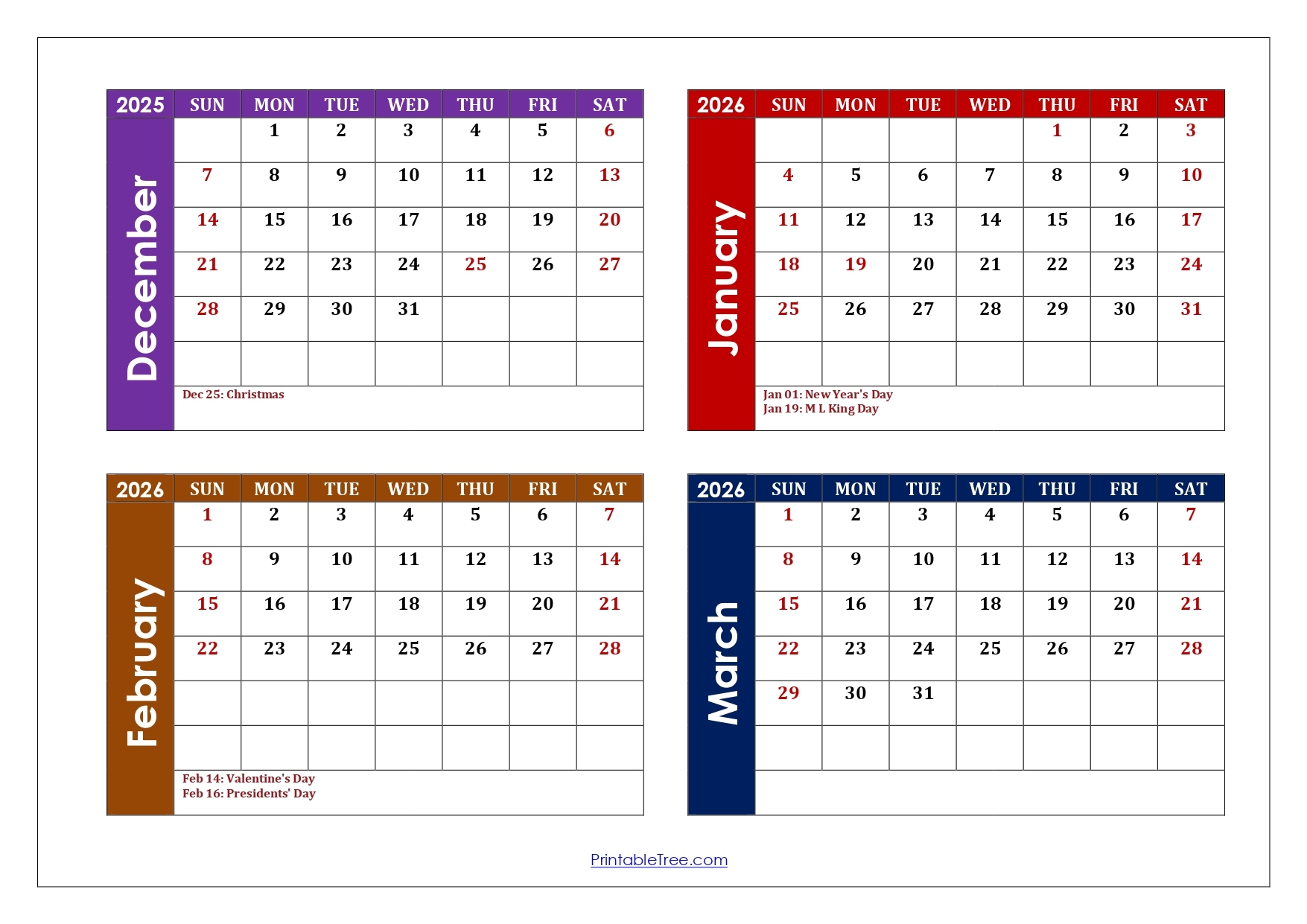 December To March 2026 Calendar Printable PDF Four Months Calendar