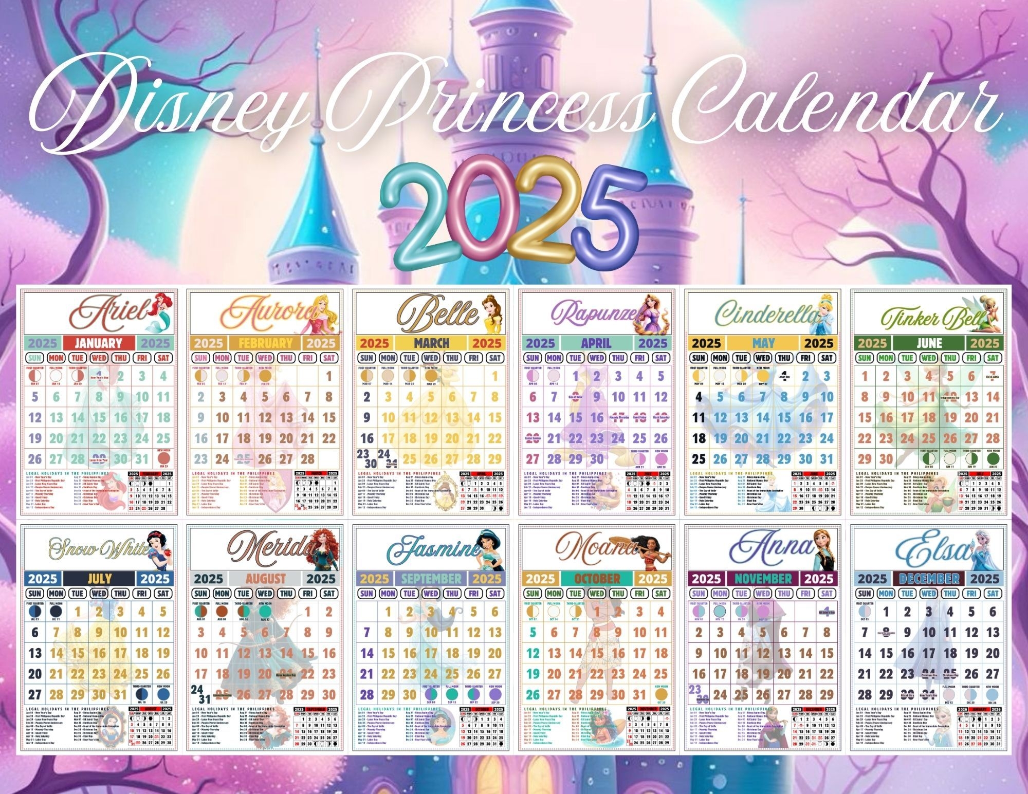 DISNEY PRINCESS 2025 CALENDAR Template By Nemlomongo Raket PH