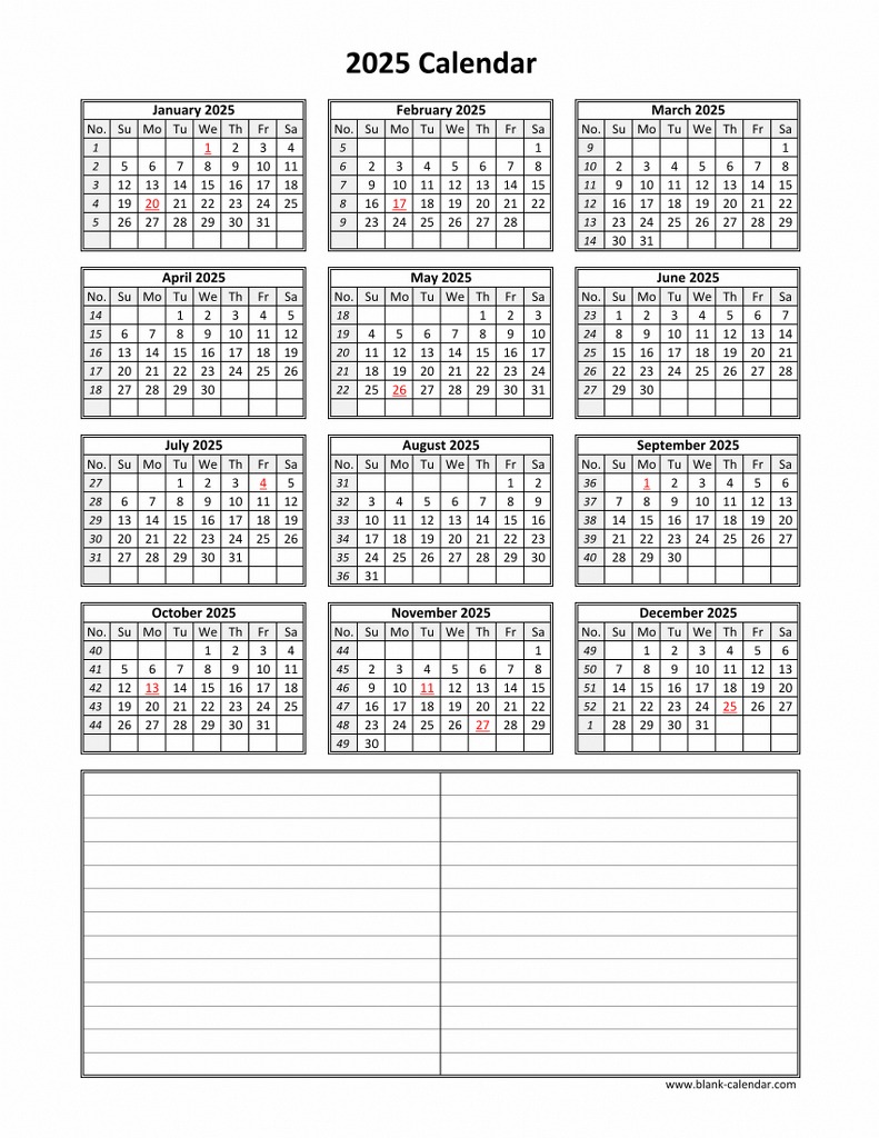 Download Blank Calendar 2025 With Space For Notes 12 Months On 
