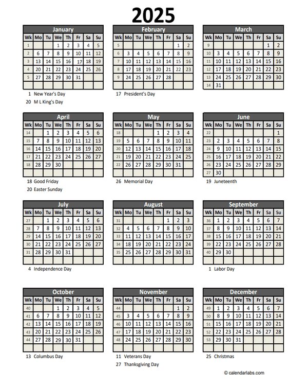 Editable 2025 Yearly Spreadsheet Calendar Free Printable Templates