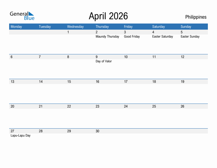 Editable April 2026 Calendar With Philippines Holidays
