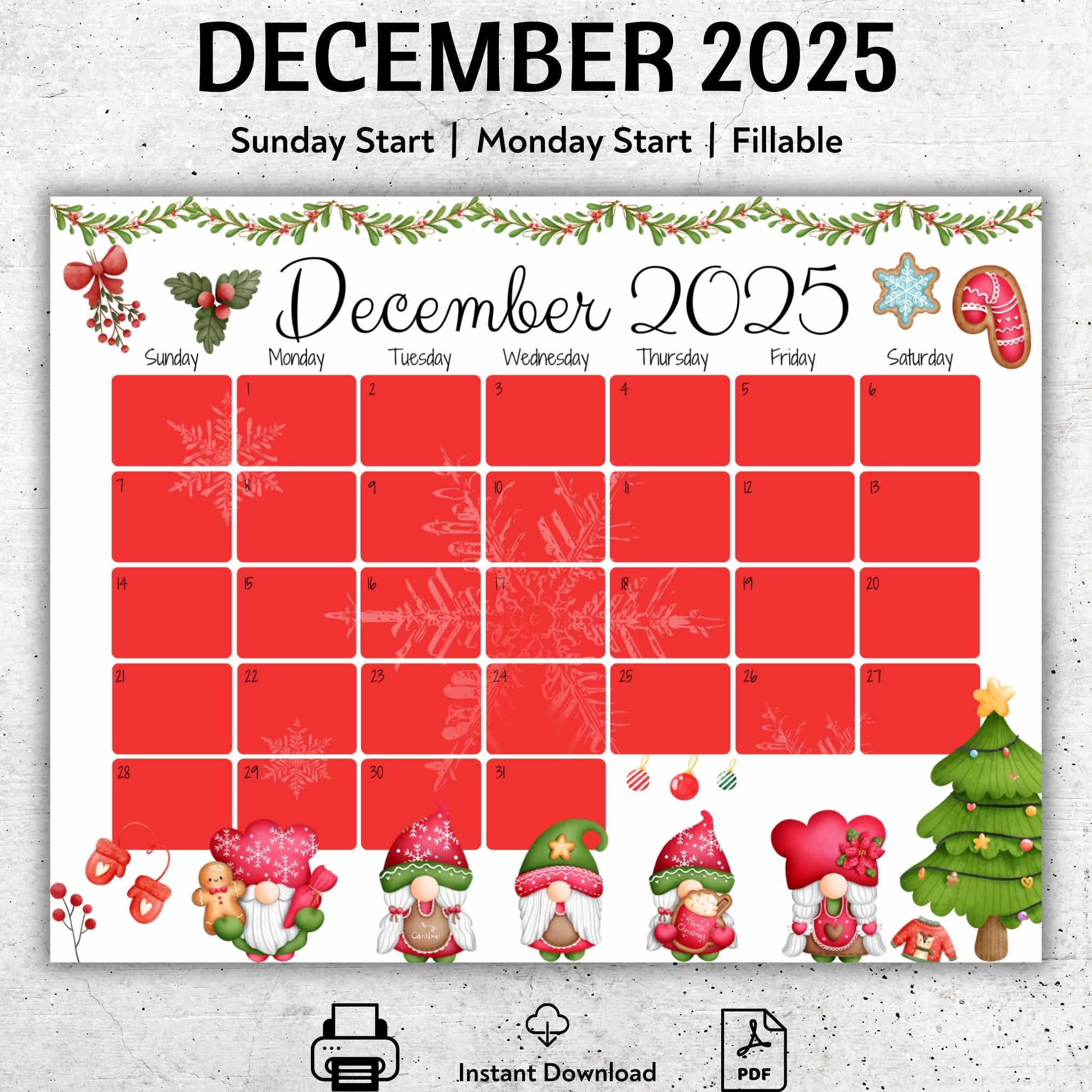 EDITABLE December 2025 Calendar Happy Christmas Cute Gnomes 